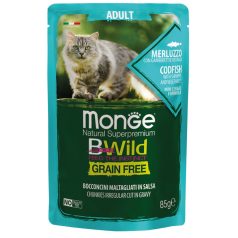   Monge Cat Bwild Gabonamentes 85g Alutasak Tőkehal, Rák + Zöldség