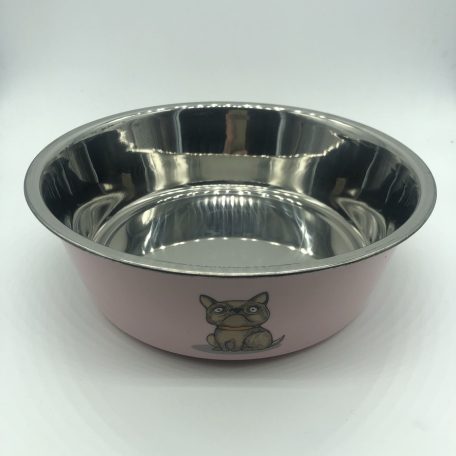 Etetőtál - rózsaszín, fém, különböző mintával, tappancsos gumi talppal 22cm 1500ml