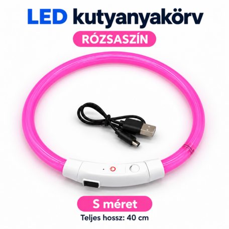 LED fényvezető szálas világító kutyanyakörv, méretre vágható –  S, Rózsaszín, (40cm)