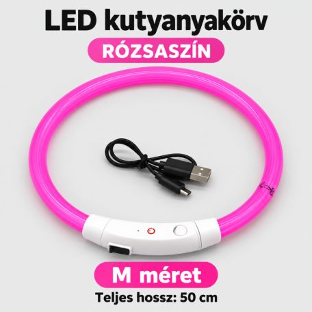 LED fényvezető szálas világító kutyanyakörv, méretre vágható –  M, Rózsaszín, (50cm)