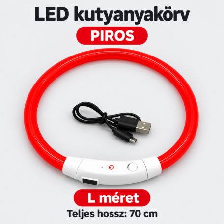 LED fényvezető szálas világító kutyanyakörv, méretre vágható –  L, Piros, (70cm)