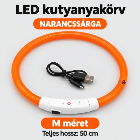 LED fényvezető szálas világító kutyanyakörv, méretre vágható –  M, Narancs, (50cm)