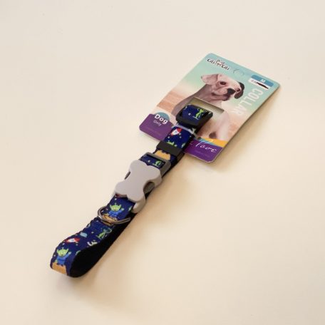 Nyakörv textil - szürke műanyag csont alakú csattal - M - 2cm x 38-45cm - SÖTÉTKÉK, ufokkal