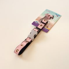   Nyakörv textil - szürke műanyag csont alakú csattal - M - 2cm x 38-45cm - rózsaszín, kutyákkal