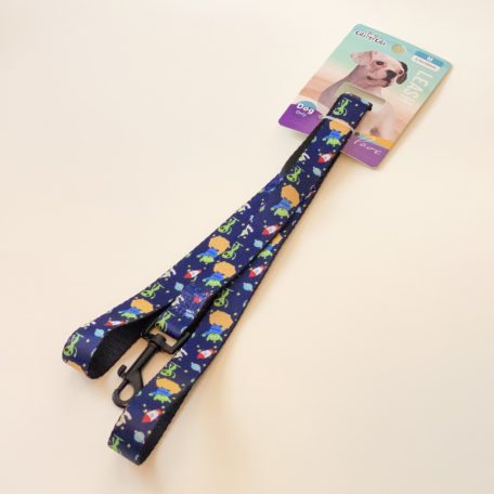 Póráz textil - fekete, fém karabinerrel - M - 2cm x 120cm - SÖTÉTKÉK, ufokkal