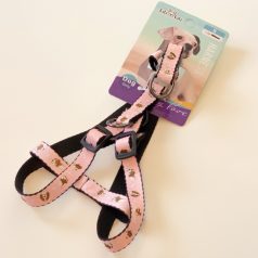   Póráz textil - szürke műanyag csont alakú csattal - S - 1,5cm x 30-45cm - rózsaszín, kutyákkal