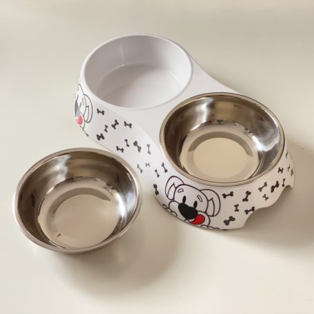 Masszív falú, fém betétes, DUPLA műanyag tál - 32x15cm 2x350ml - kutyafejjel