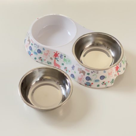 Masszív falú, fém betétes, DUPLA műanyag tál - 25x14cm 2x150ml - színes állatmintákkal